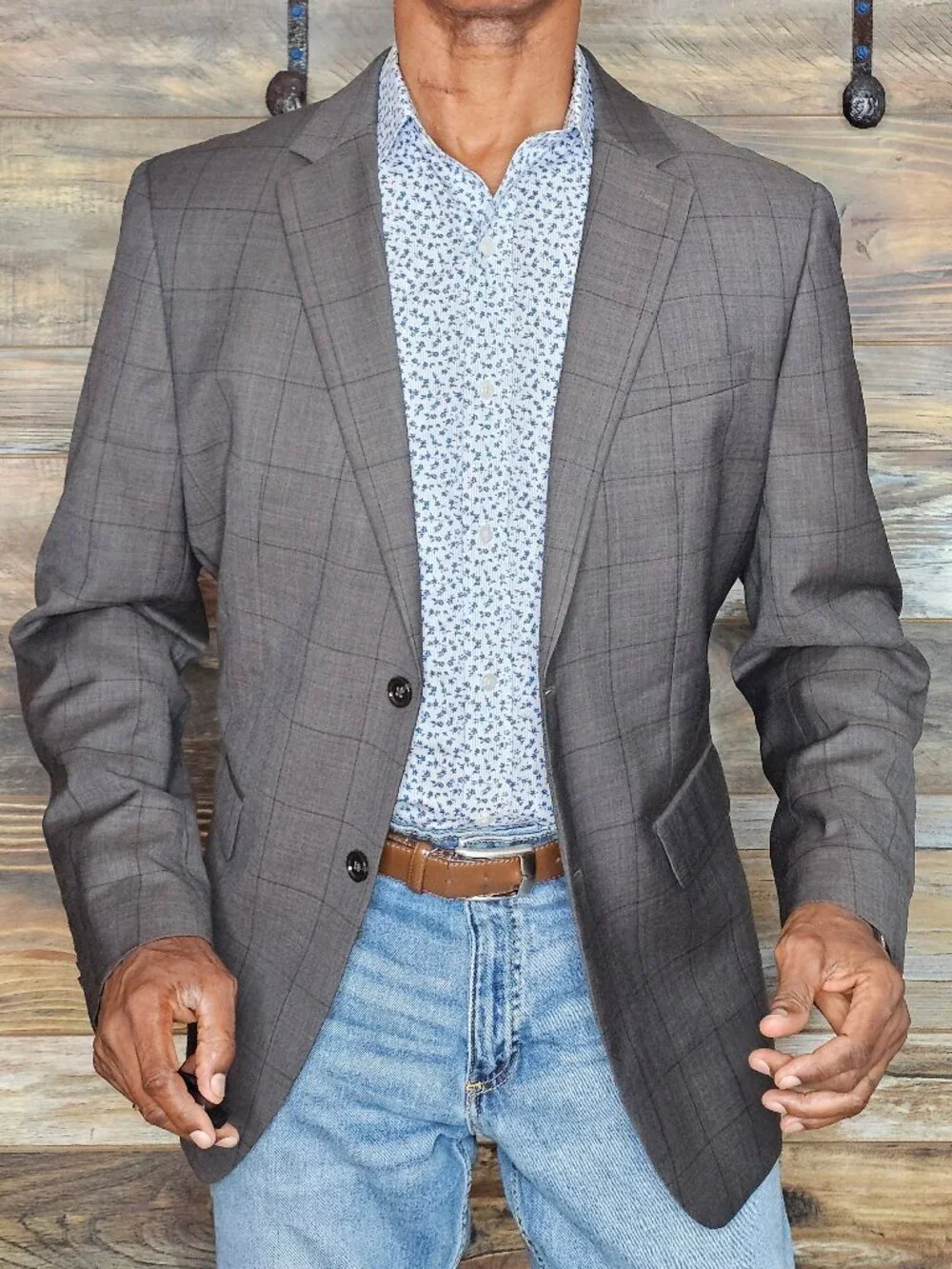 Banana Republic Marzotto Super 100's Wool Taupe Windowpane Jacket Blazer 42R